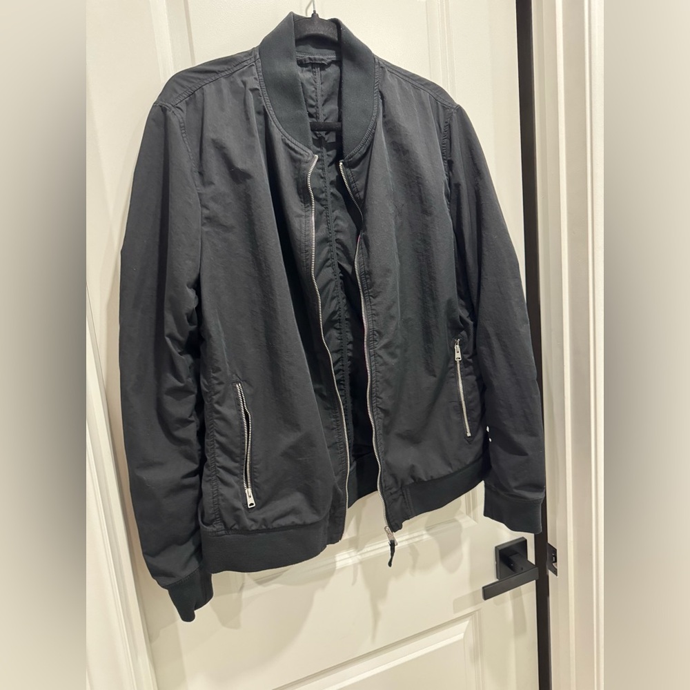 AllSaints Black Jacket Size L Zip Up Ruched Detail